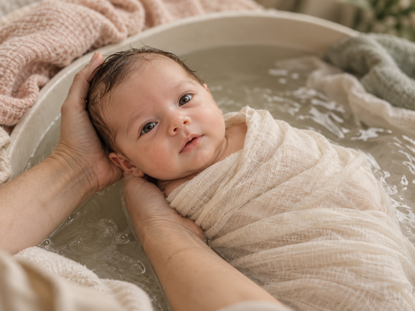 Image d’illustration : bébé enveloppé dans un lange et soutenu dans un bain